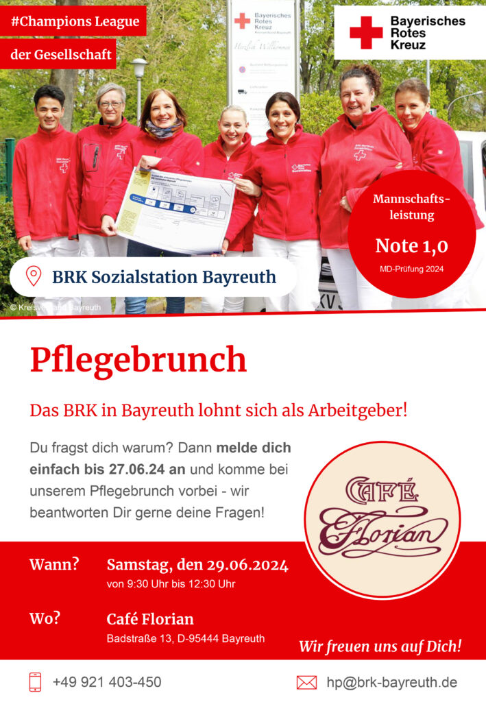 Der BRK-Kreisverband Bayreuth lädt ein zum Pflegebrunch - am 27.06.2024 - von 9.30 Uhr bis 12:00 Uhr - im Cafe Florian (Badstraße 13 in Bayreuth)