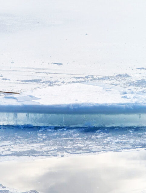 Das Bild zeigt ein Loch im Eis auf dem Fichtelsee. Zu sehen ist eine rund 20cm dicke Eisschicht.